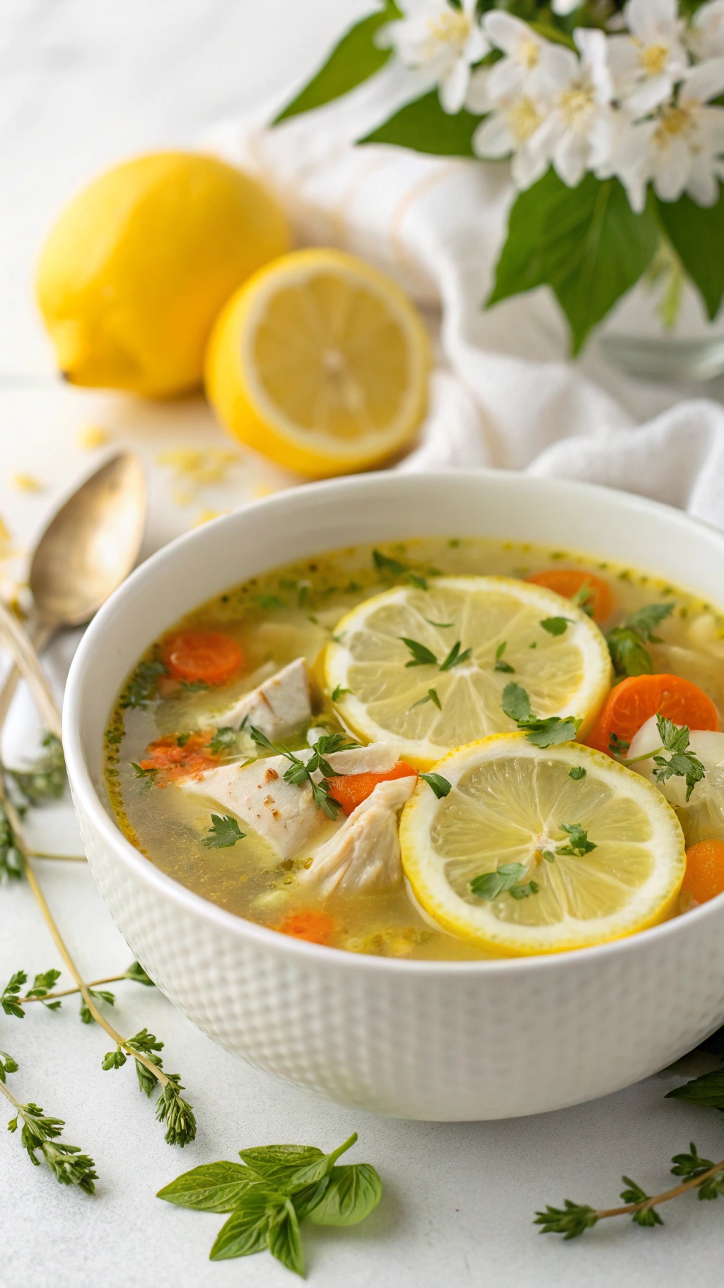 A bowl of lemon chicken soup with lemon slices and herbs