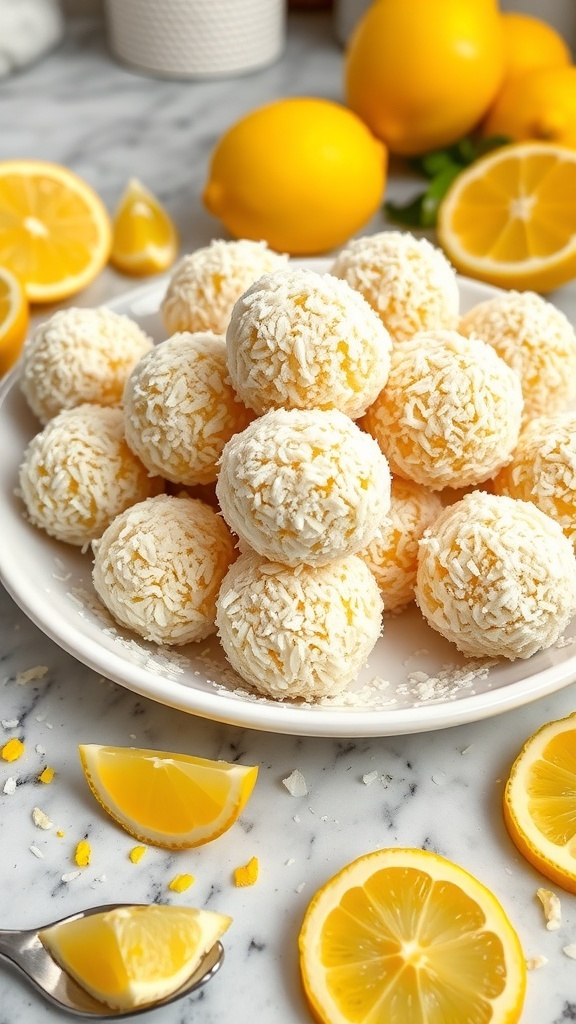 A plate of zesty lemon coconut balls surrounded by fresh lemons