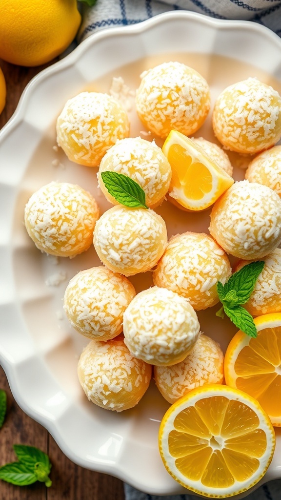 A plate of zesty lemon coconut balls garnished with lemon slices and mint leaves.