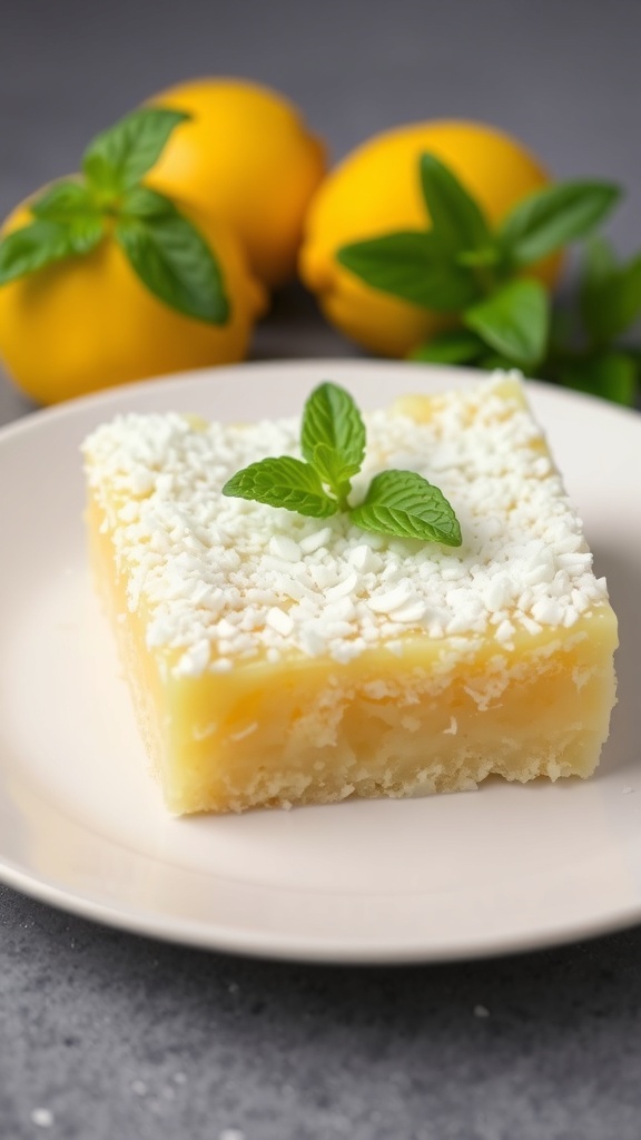 Zesty Lemon Coconut Bars with fresh lemons and mint leaves