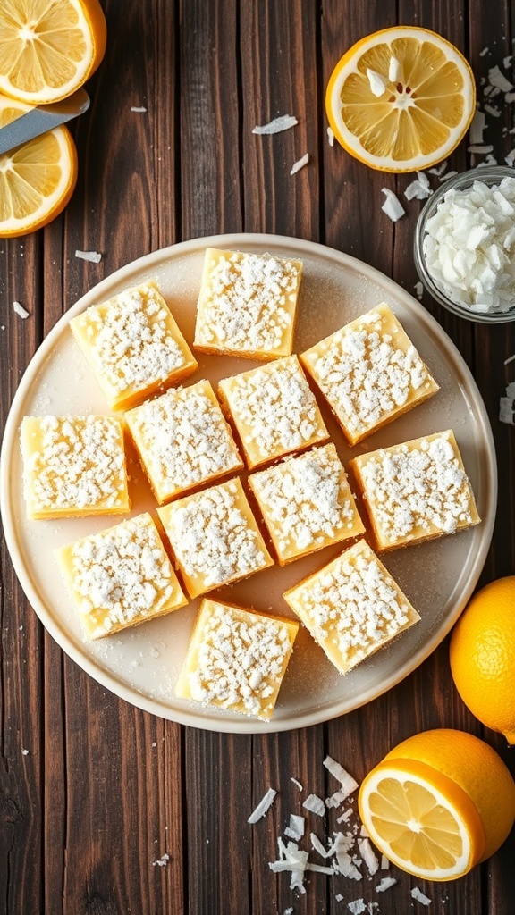 A plate of zesty lemon coconut bars topped with shredded coconut, surrounded by fresh lemons.