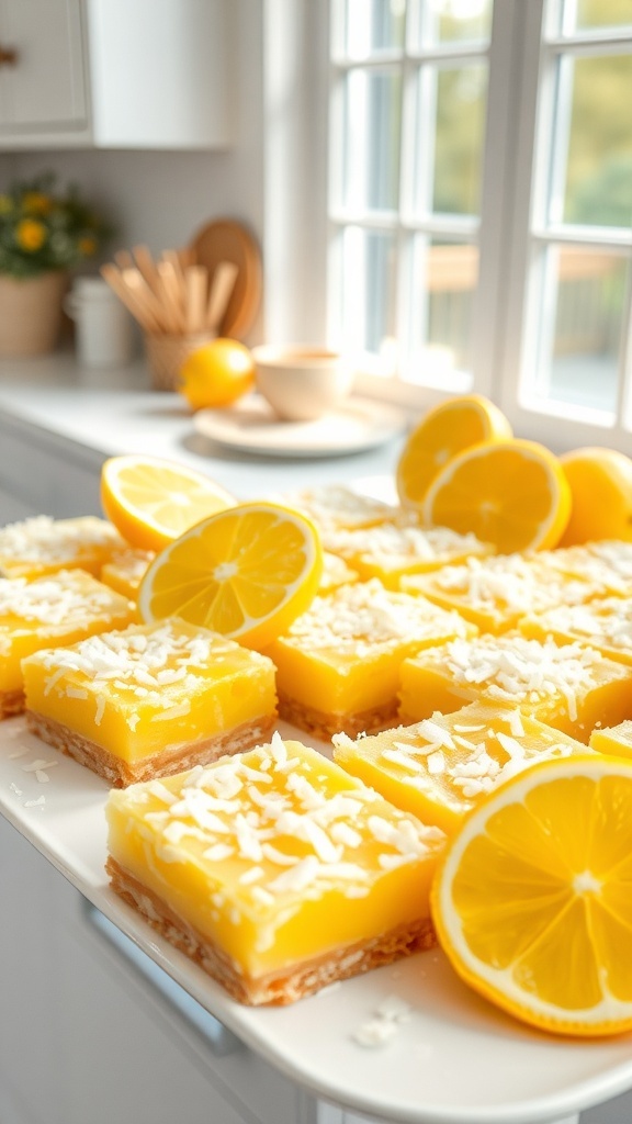A plate of zesty lemon coconut bars topped with lemon slices and shredded coconut.