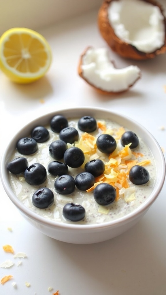 A bowl of lemon coconut chia pudding topped with blueberries and coconut flakes, with a lemon and coconut in the background.