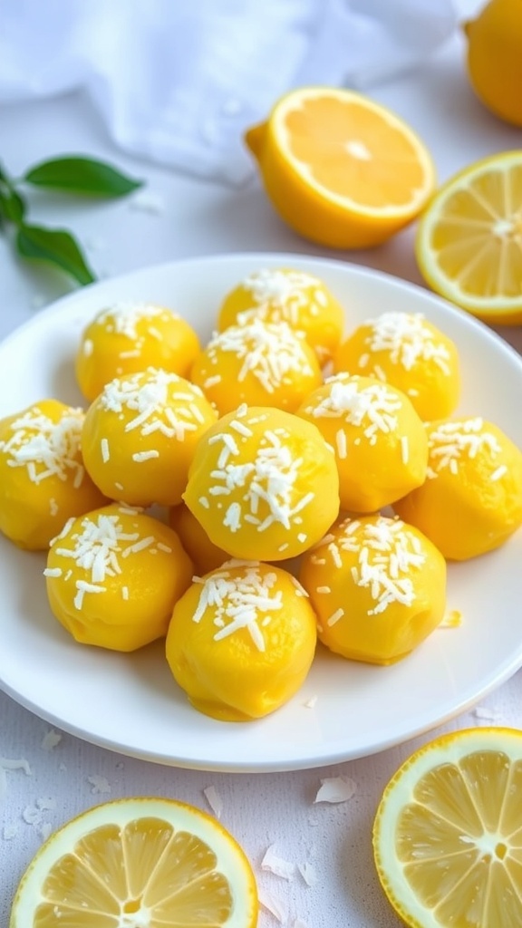 A plate of zesty lemon coconut energy bites, surrounded by fresh lemons and coconut flakes.