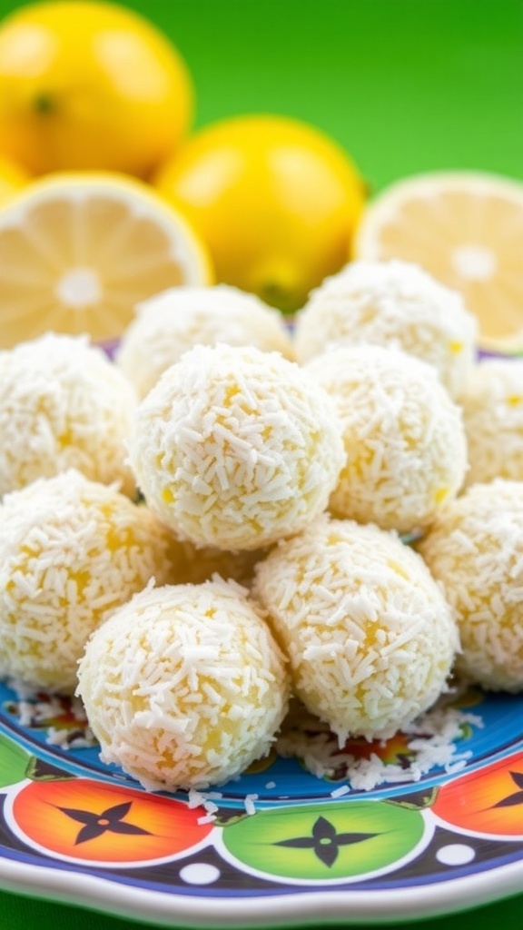 A colorful plate of lemon coconut energy bites with fresh lemons in the background.