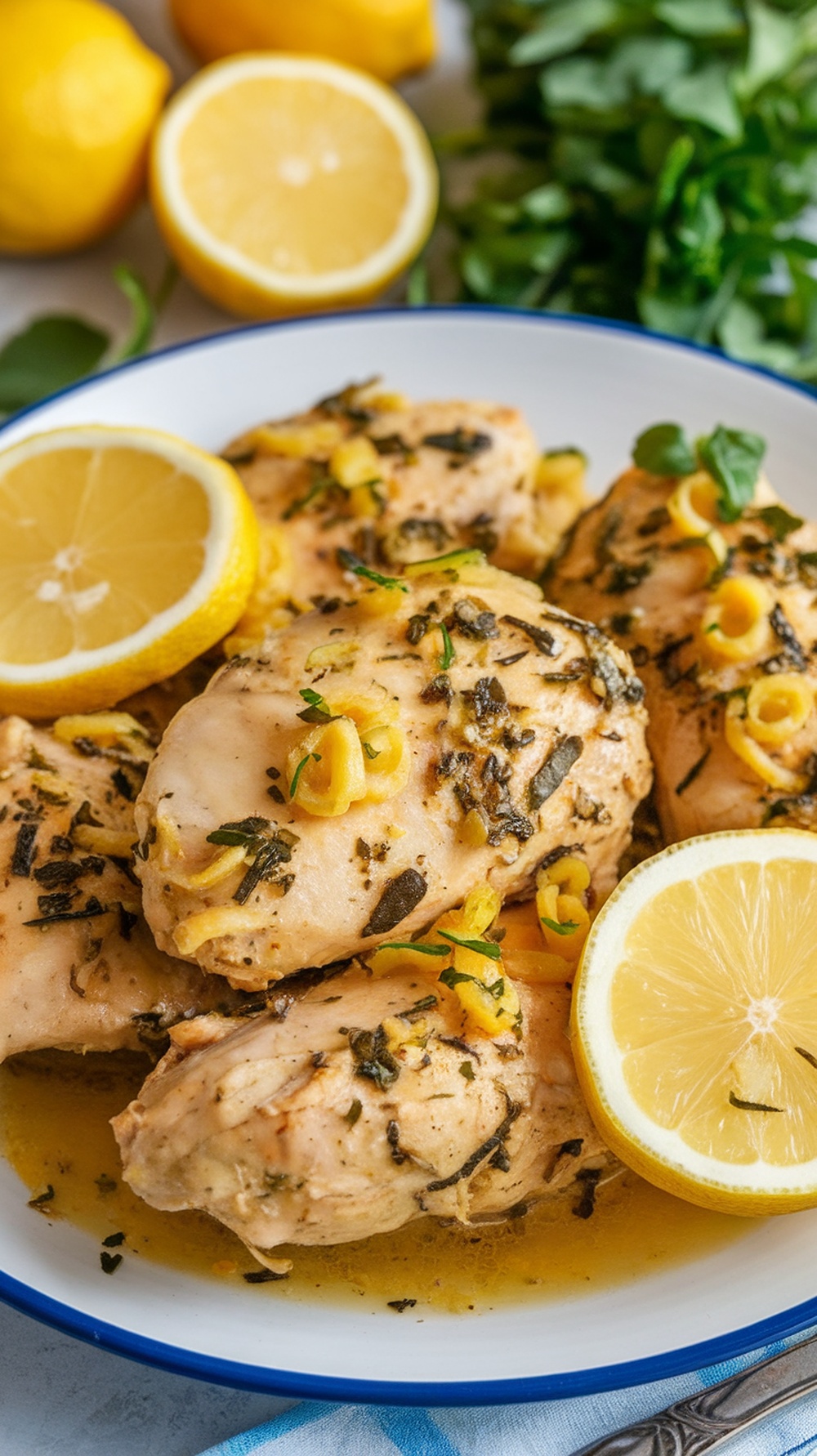 Crockpot zesty lemon garlic chicken with lemon slices and herbs