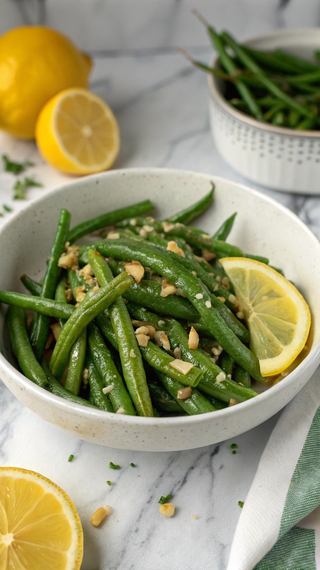 A bowl of zesty lemon garlic green beans garnished with nuts and lemon slices.