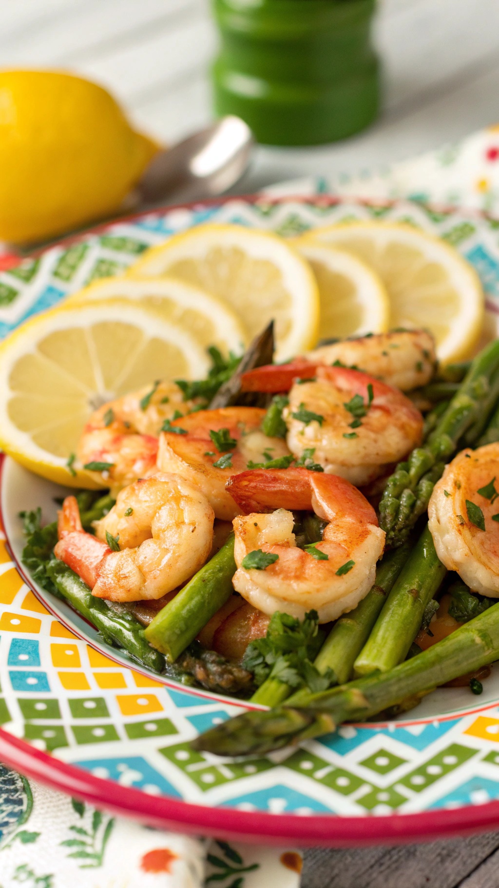 A colorful plate of zesty lemon garlic shrimp with asparagus, garnished with lemon slices.