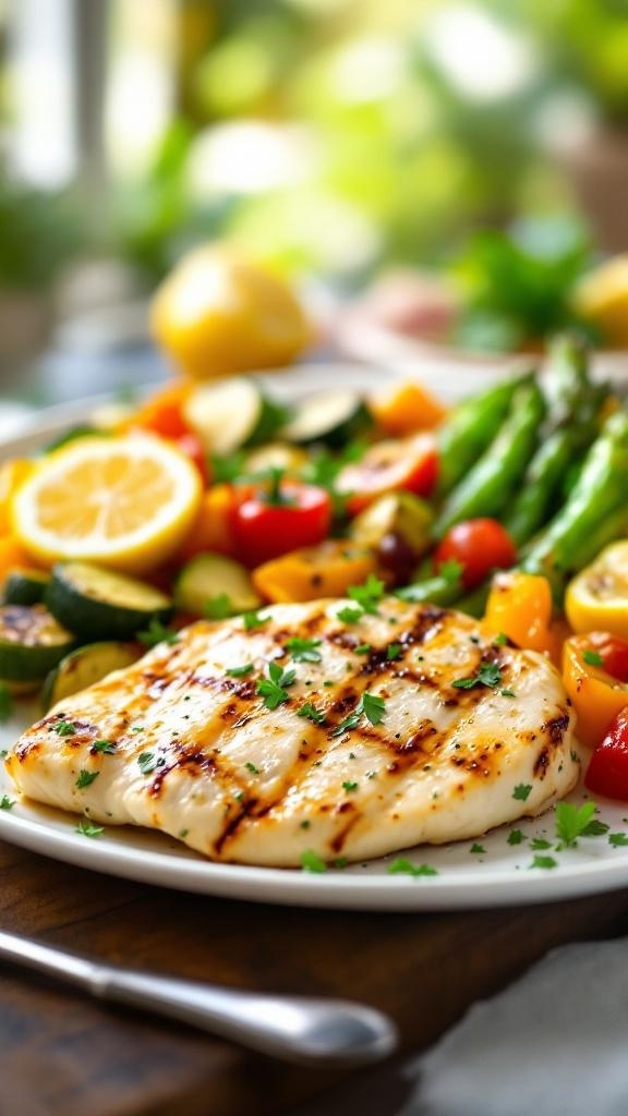 Grilled lemon herb chicken served with colorful vegetables