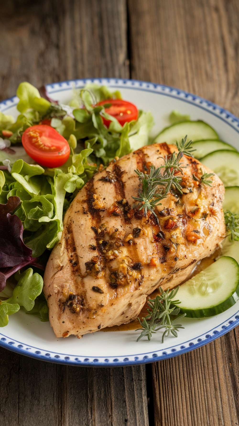 Grilled chicken breast served with a fresh salad of greens, cherry tomatoes, and cucumber slices.