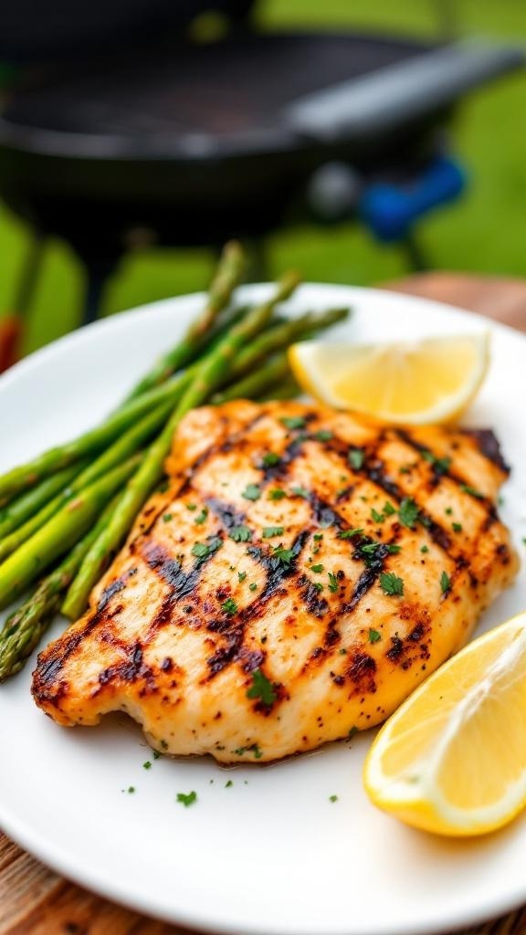 Grilled chicken breast served with asparagus and lemon wedges on a white plate.