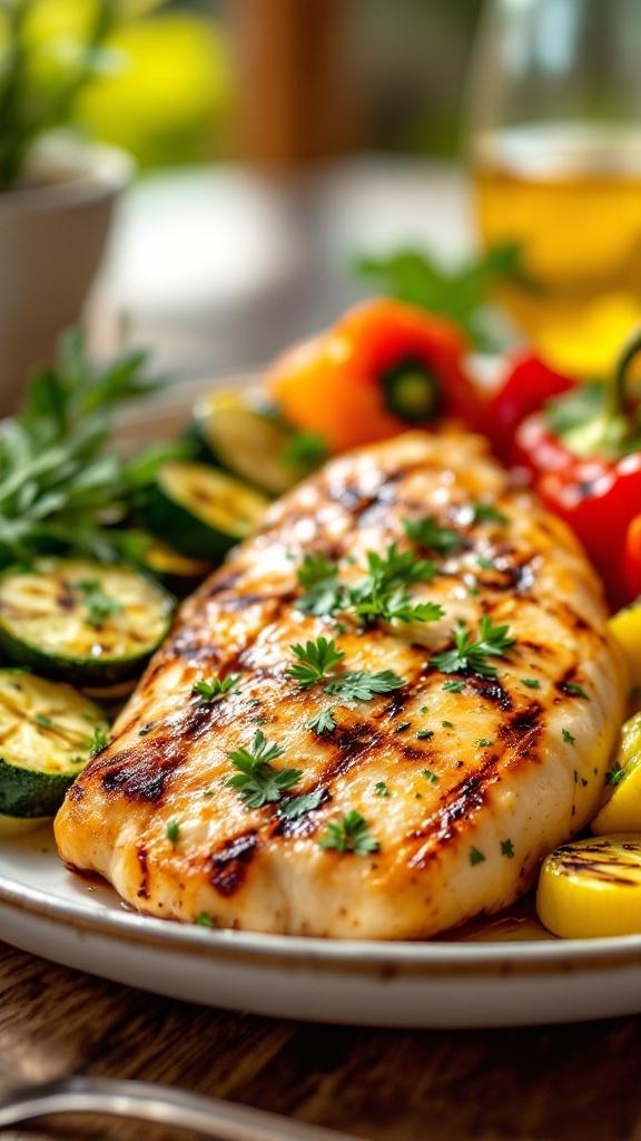 Grilled chicken breast garnished with herbs, served with grilled vegetables.