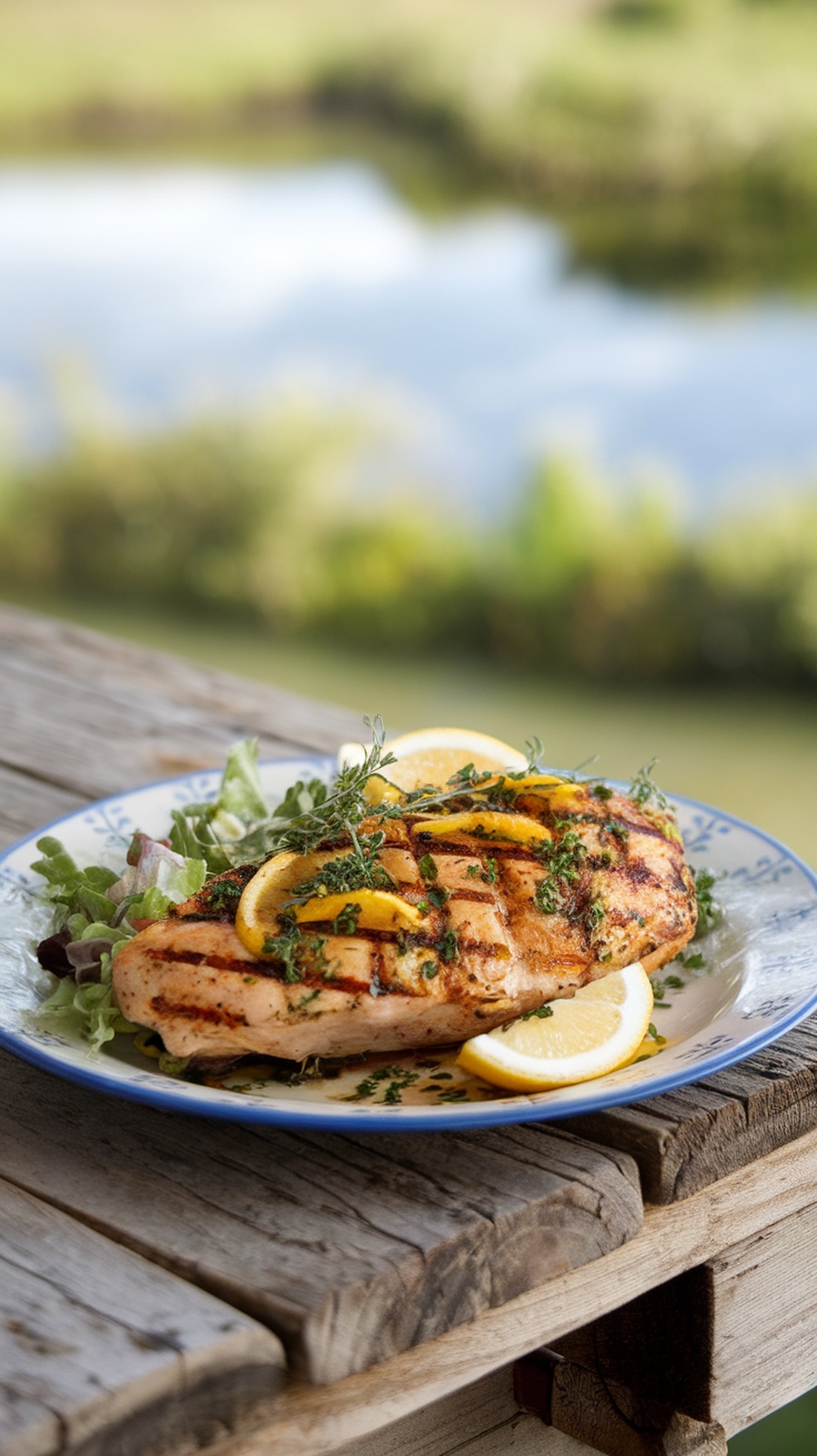 Grilled chicken breast garnished with lemon slices and herbs on a plate
