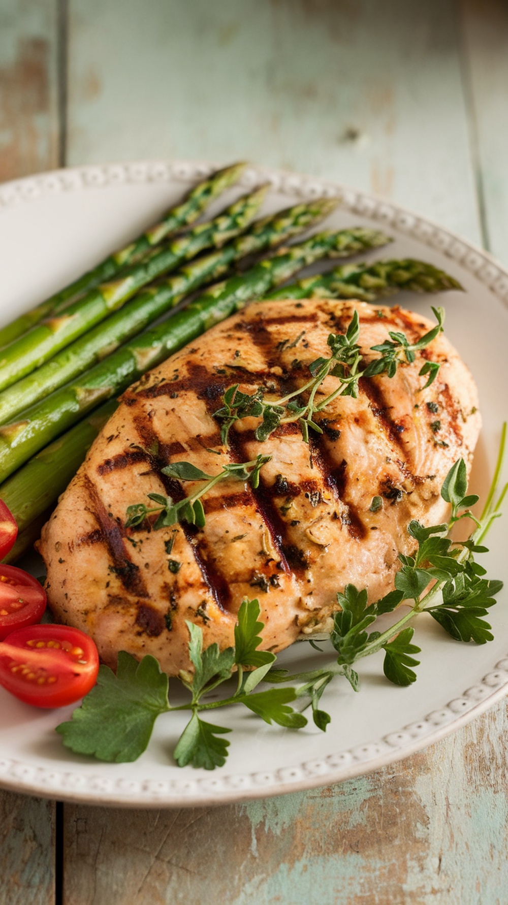 Grilled chicken breast with asparagus and cherry tomatoes on a plate