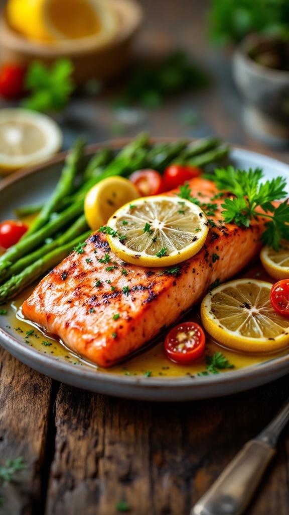 Grilled salmon with lemon slices, asparagus, and cherry tomatoes on a plate