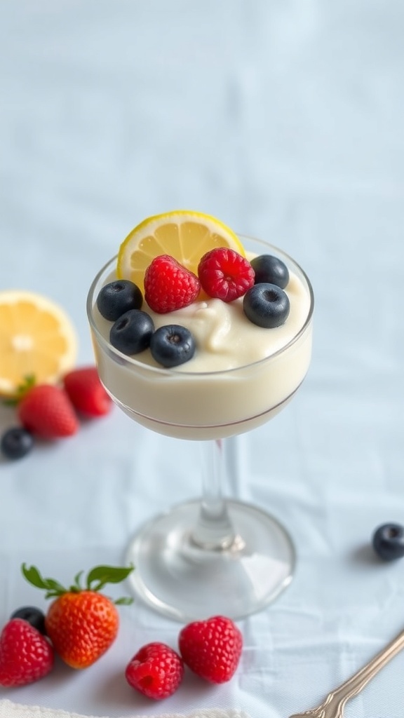A glass of lemon mousse topped with fresh berries and a slice of lemon.
