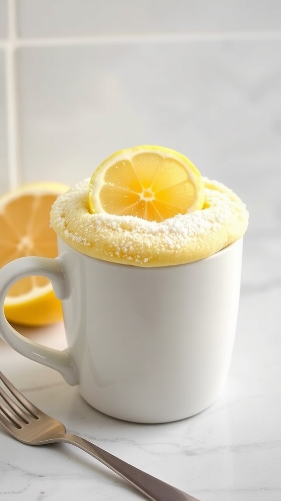 A zesty lemon mug cake topped with a lemon slice and powdered sugar.