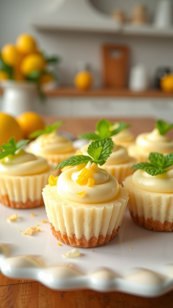 Delicious lemon no-bake cheesecake bites topped with mint leaves and lemon zest on a white plate.