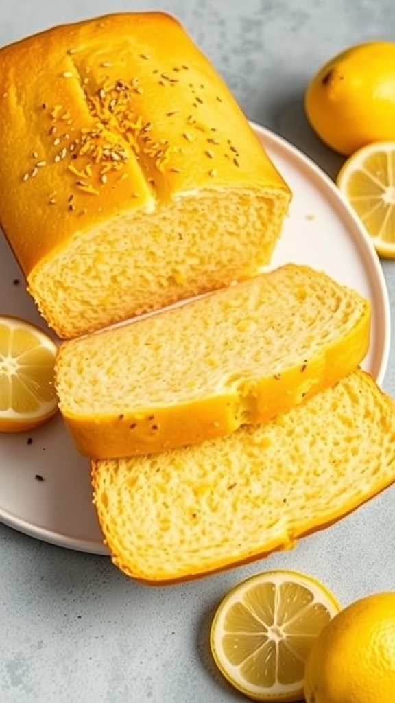 A loaf of zesty lemon poppy seed bread sliced on a plate with fresh lemons.