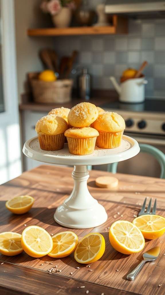 A plate of zesty lemon poppy seed muffins surrounded by fresh lemon halves on a wooden table.