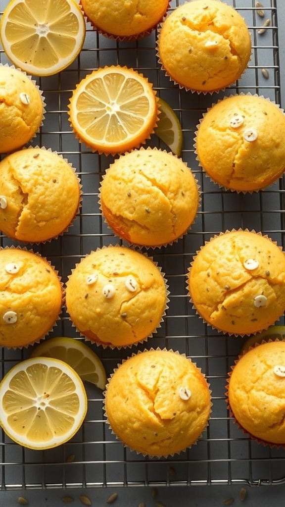 Freshly baked lemon poppy seed muffins on a cooling rack with lemon slices