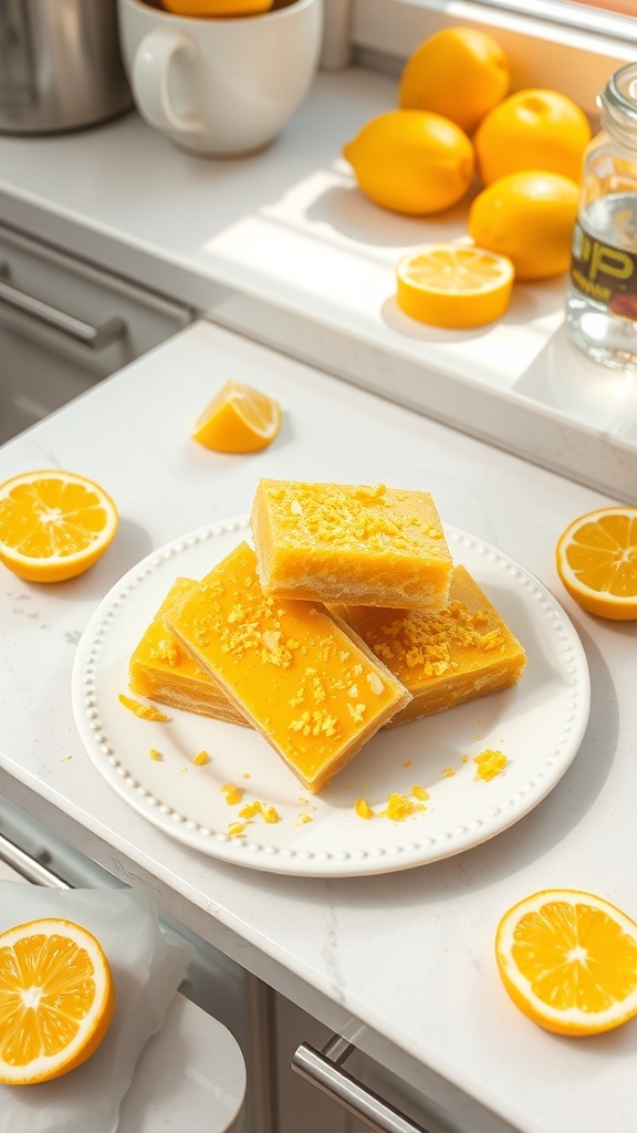 A plate of zesty lemon protein bars surrounded by fresh lemons
