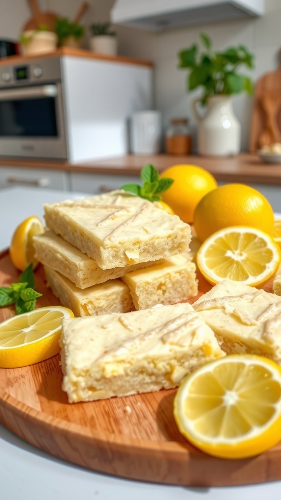 Zesty lemon protein bars on a wooden platter with fresh lemon slices and mint.