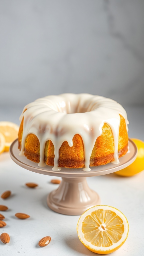 A zesty lemon protein cake with a smooth glaze, garnished with lemon slices and almonds.