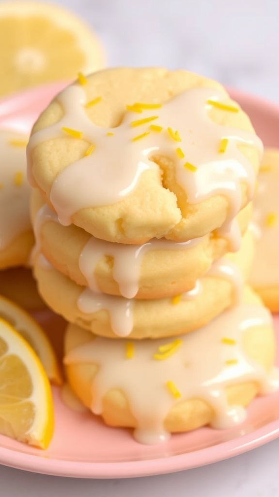 A stack of zesty lemon protein cookies topped with a glaze and mint leaves.