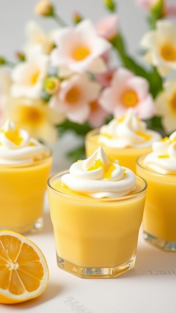 Four lemon pudding cups topped with whipped cream and lemon zest, with a lemon slice and flowers in the background.