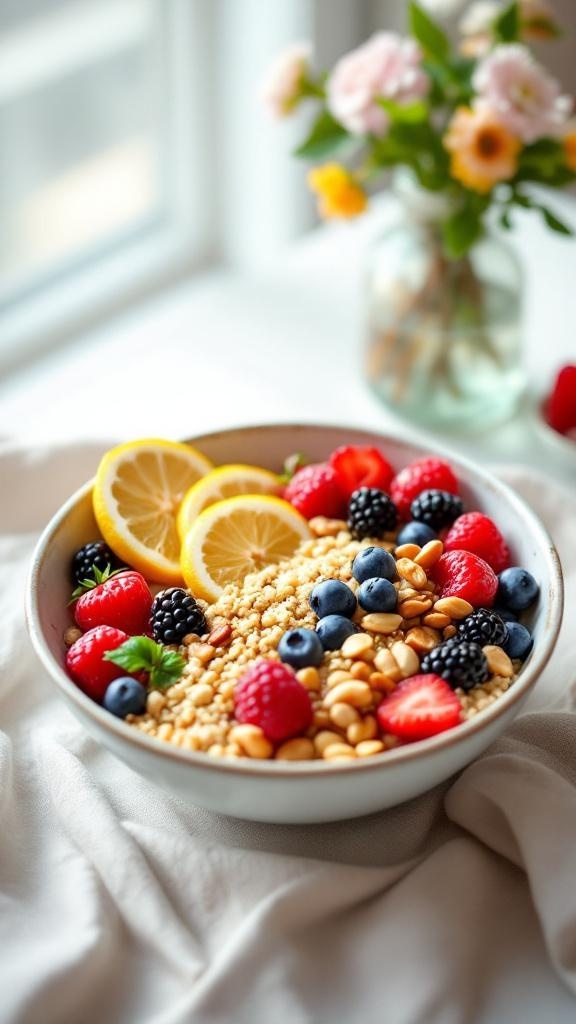 A colorful bowl of quinoa topped with fresh berries and lemon slices, with a vase of flowers in the background.