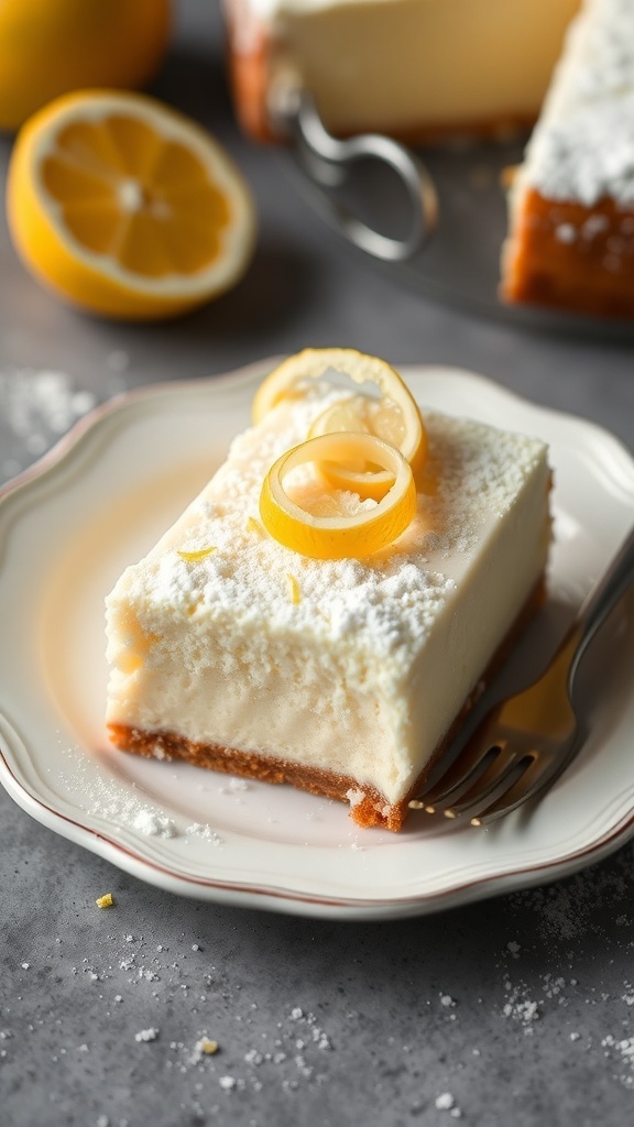 Slice of lemon ricotta cheesecake with lemon slices on a plate
