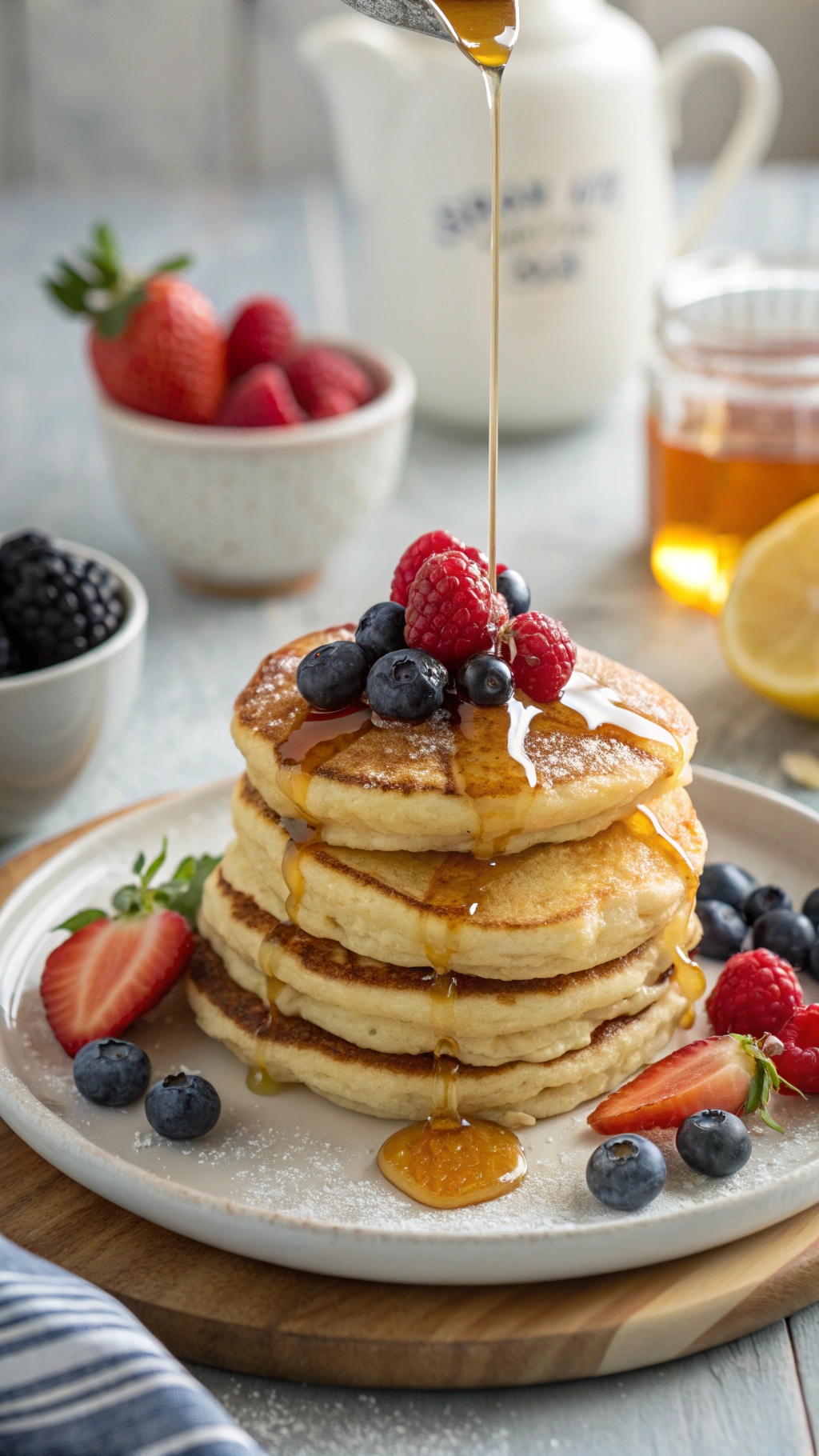 Fluffy lemon ricotta pancakes topped with fresh berries and syrup