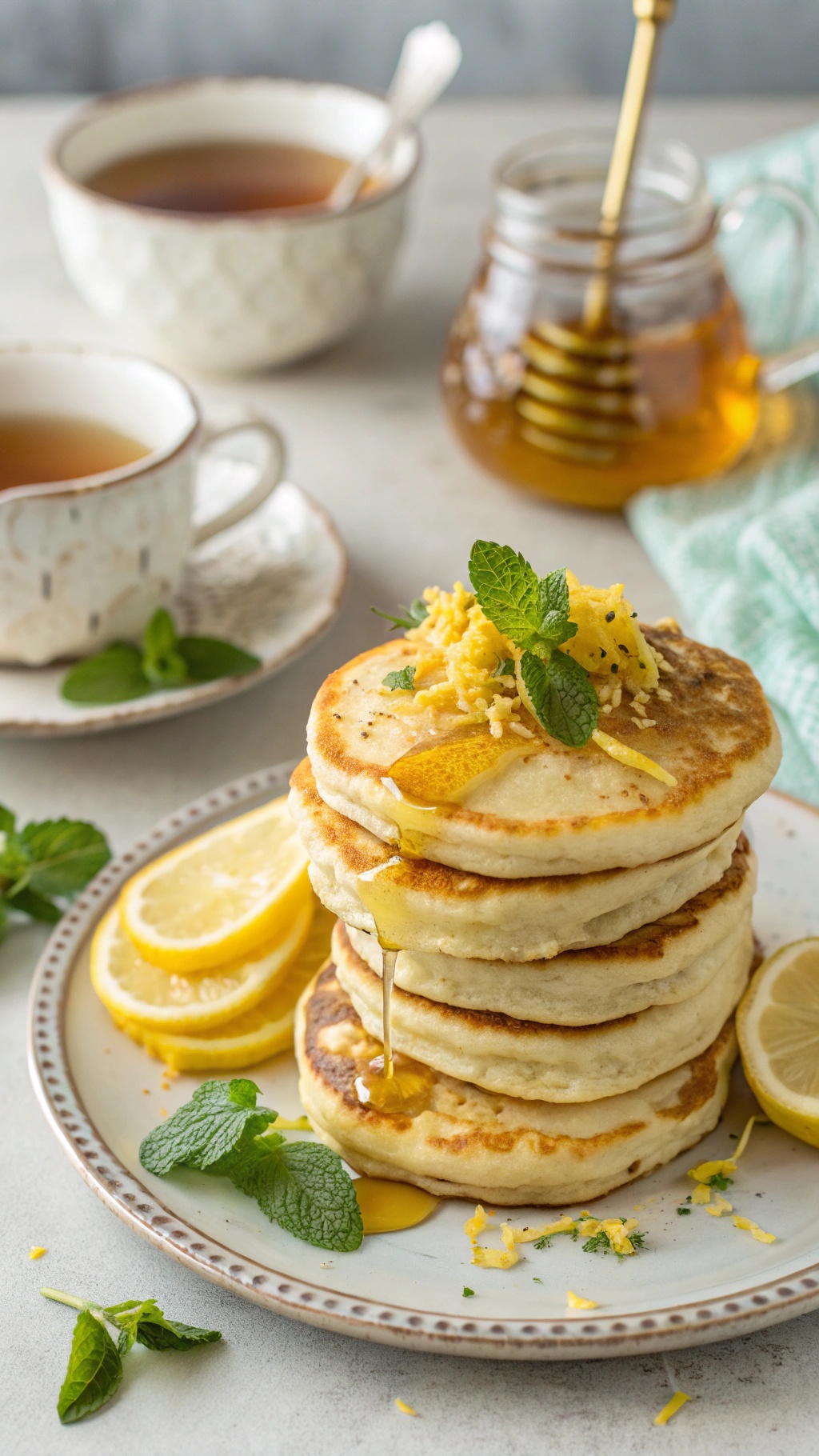 Delicious stack of lemon ricotta pancakes with honey and lemon slices