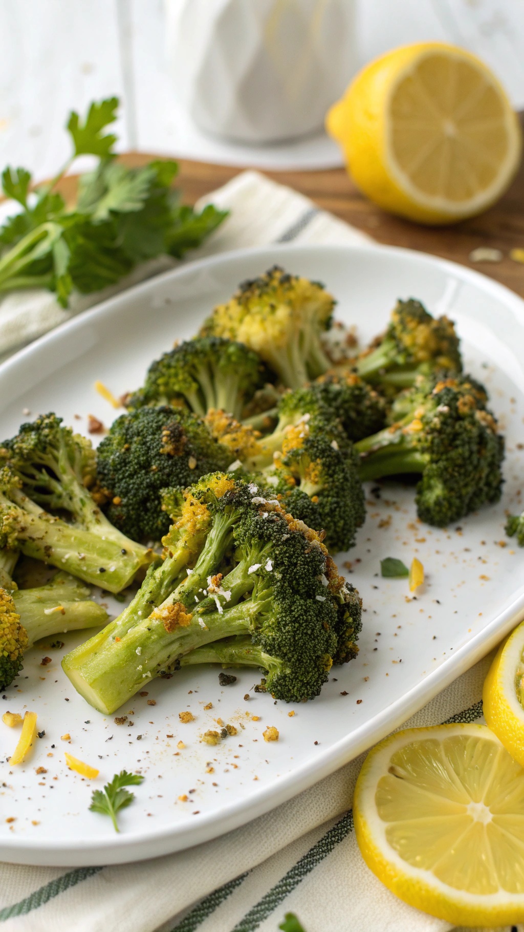 A plate of zesty lemon roasted broccoli with lemon slices and herbs