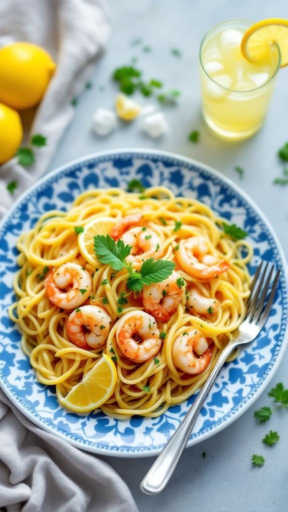 A plate of zesty lemon shrimp pasta with shrimp, lemon slices, and parsley.