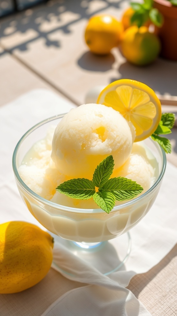 A bowl of lemon sorbet garnished with mint leaves and a lemon slice, with fresh lemons in the background.