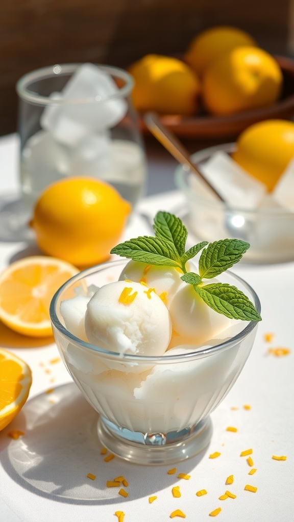 A bowl of lemon sorbet garnished with mint leaves, surrounded by fresh lemons and ice cubes.