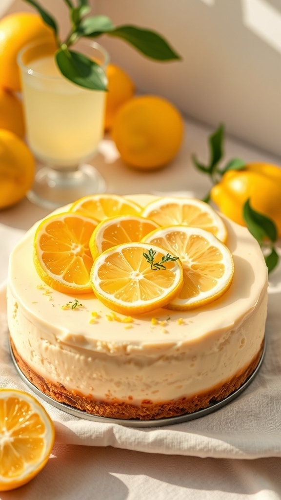 A zesty lemon vegan cheesecake topped with lemon slices, surrounded by fresh lemons and a glass of lemonade.