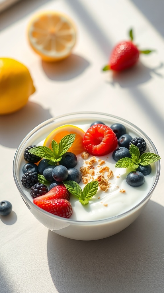 A bowl of yogurt topped with fresh berries and lemon slices, showcasing a healthy breakfast option.