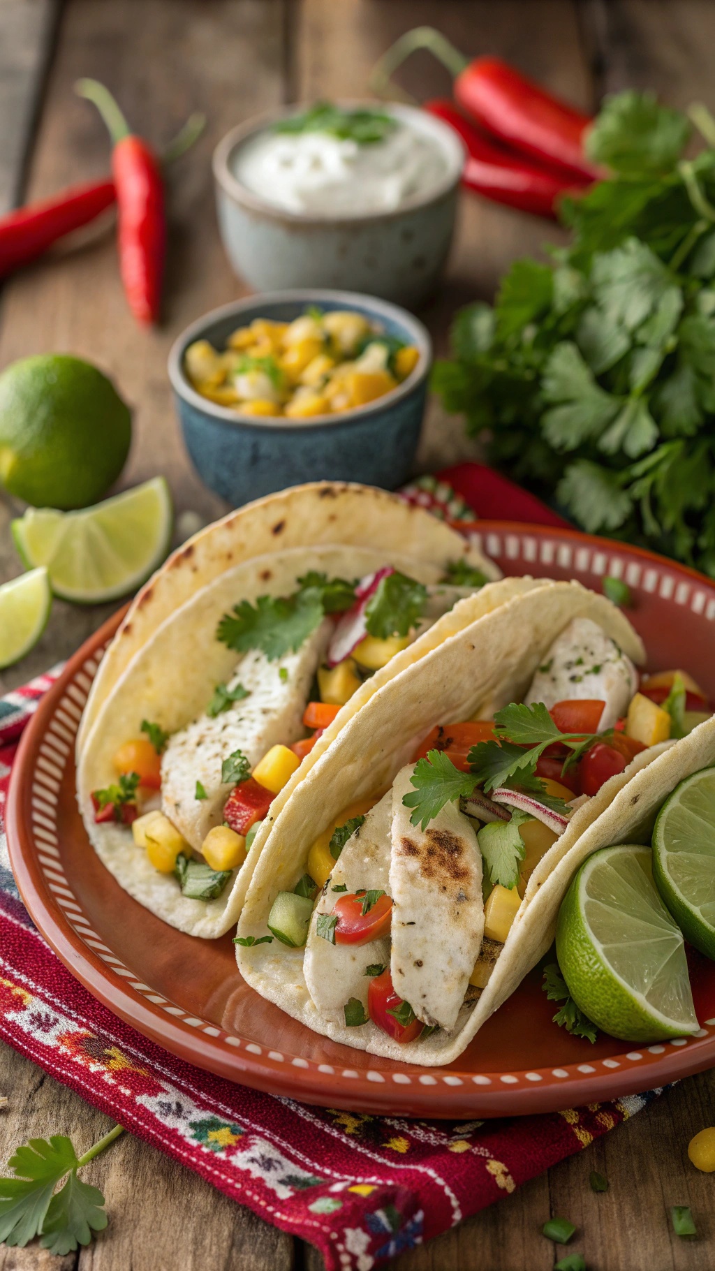 Delicious grilled fish tacos with lime and cilantro, served with fresh toppings.