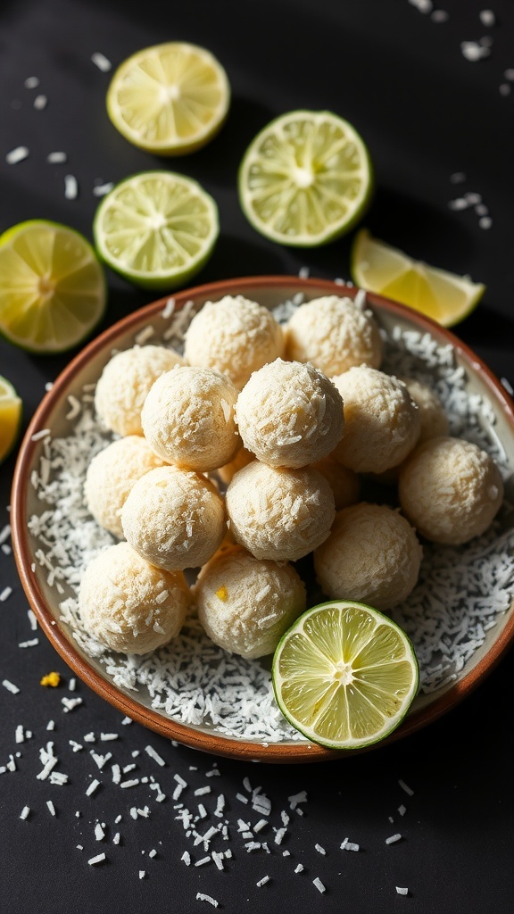A bowl of zesty lime coconut energy bites surrounded by lime slices and shredded coconut.