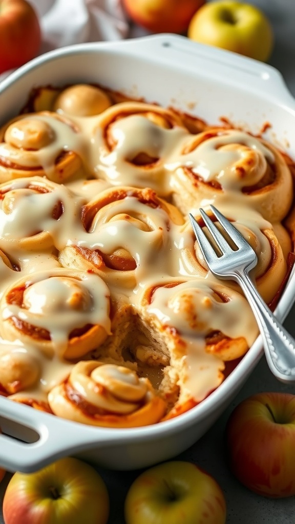 A delicious low-carb apple and cinnamon roll casserole topped with creamy frosting, surrounded by fresh apples.