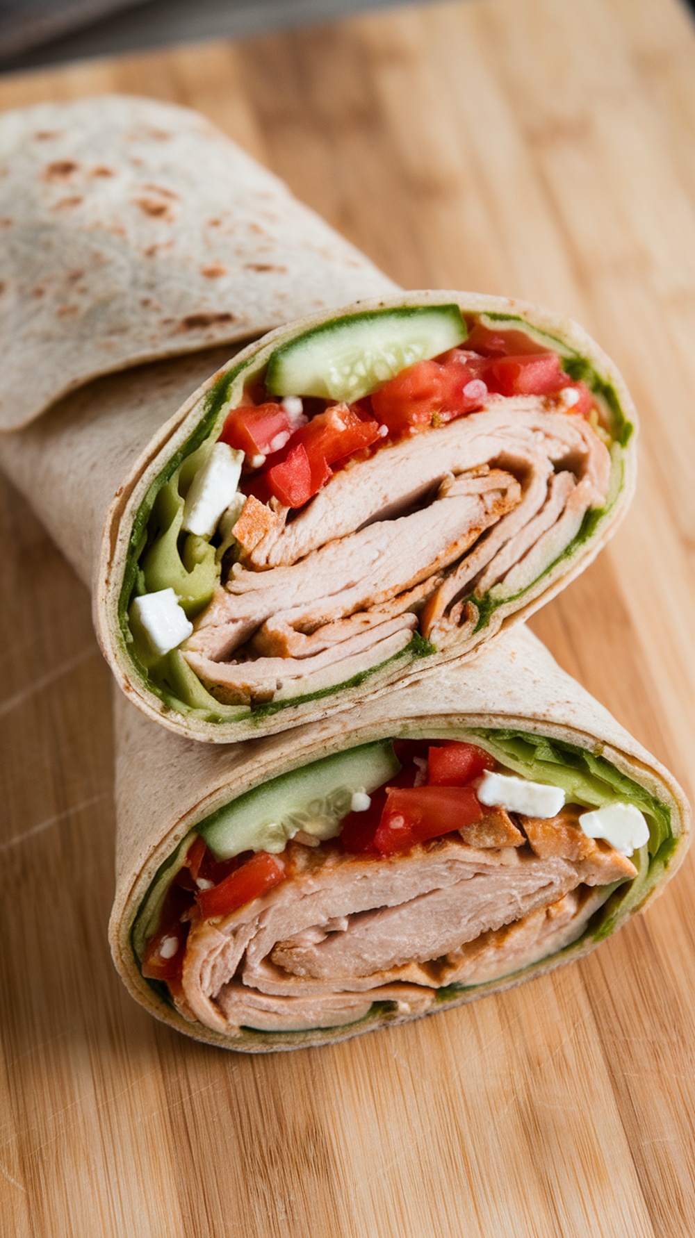 Zesty Mediterranean Chicken Wraps with chicken, vegetables, and feta cheese