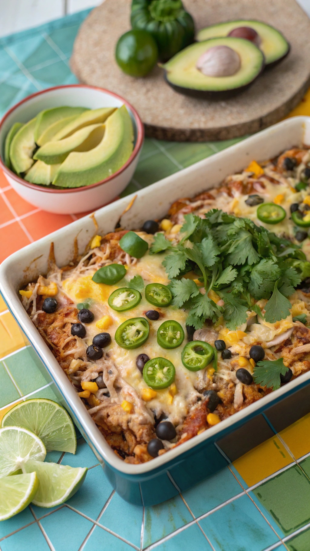 A delicious Zesty Mexican Chicken Casserole topped with cheese, jalapeños, and cilantro, served with avocado slices and lime wedges.