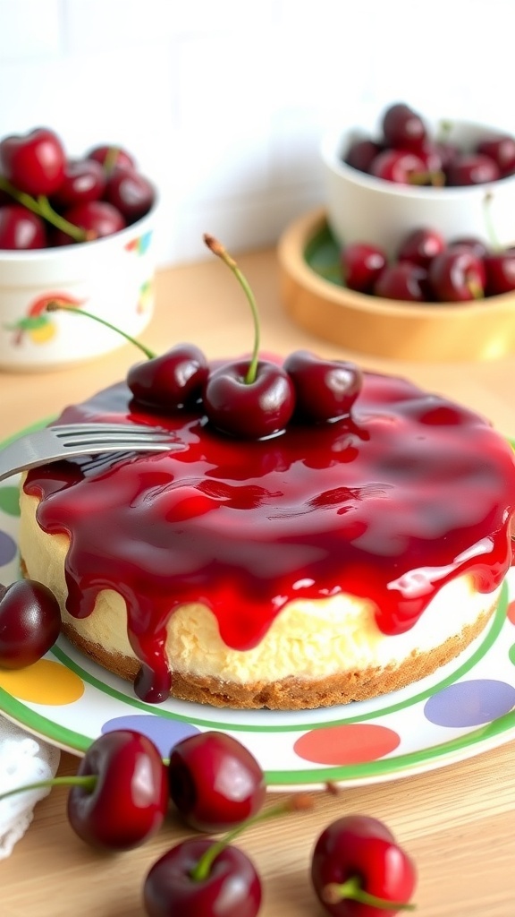 A no-bake cherry cheesecake topped with cherry glaze, surrounded by fresh cherries.