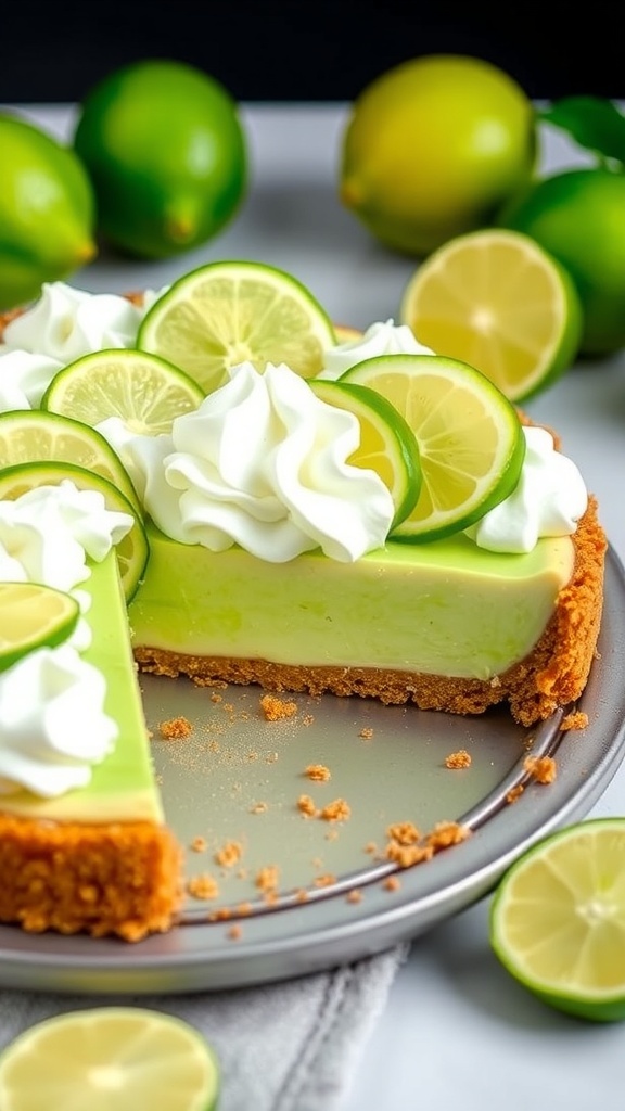 A slice of zesty no-bake key lime pie topped with whipped cream and lime slices, with whole limes in the background.
