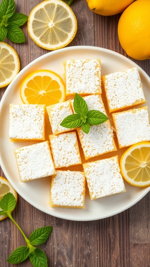 A plate of no-bake lemon bars garnished with mint leaves and lemon slices.