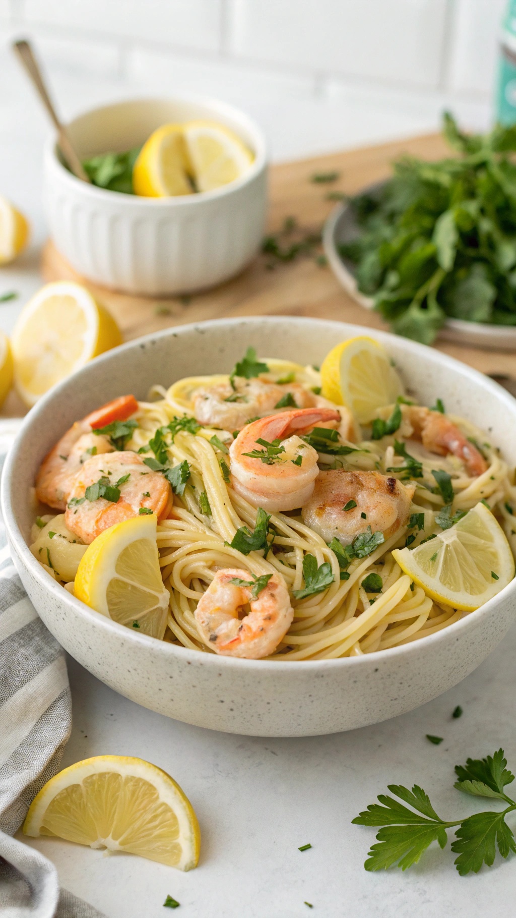 A bowl of lemon garlic shrimp pasta with fresh parsley and lemon slices