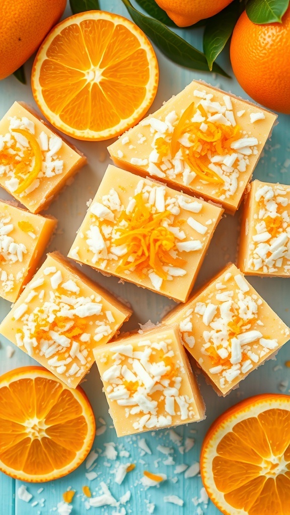 Zesty Orange Coconut Bars topped with coconut and orange zest, surrounded by fresh oranges.